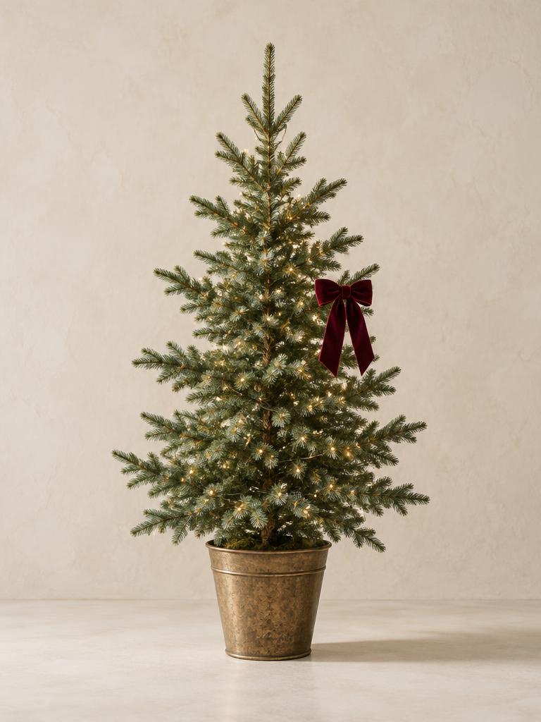 Illustrative sparse alpine tree with warm lights and a velvet bow