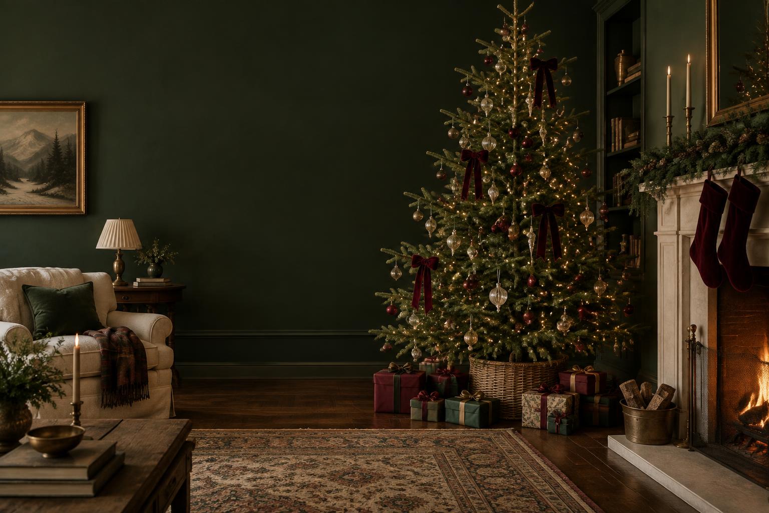 Cozy Christmas living room decor for 2026: a pre-lit alpine Christmas tree with velvet bows, glass ornaments, a garland-draped fireplace and candles