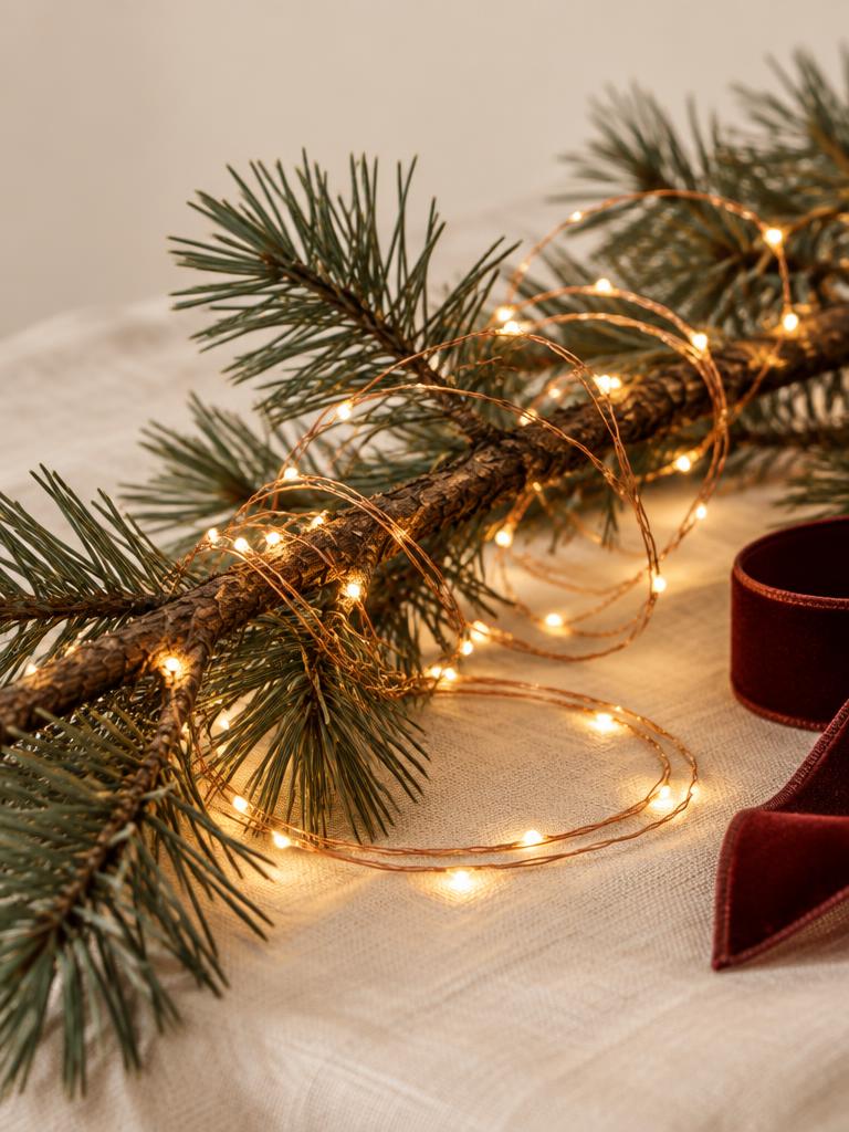 Illustrative warm-white micro lights styled on a pine branch
